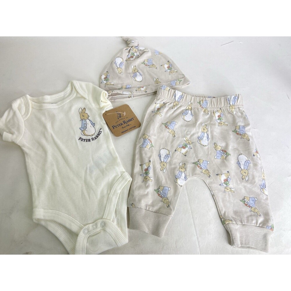 Peter Rabbit 3 Piece Matching Outfit Layette Set Hat Infant Baby Size 0-3 Months
